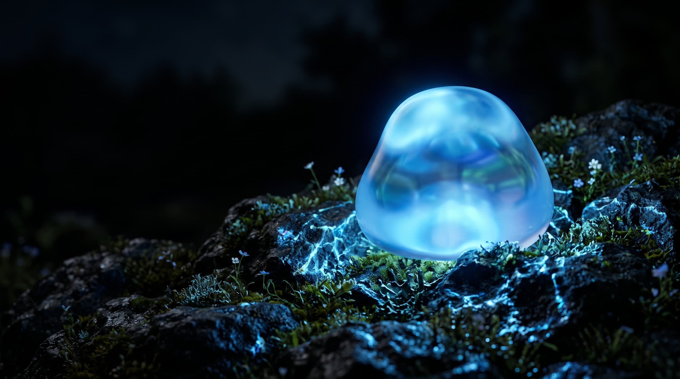 Glowing glass droplet resting on a mossy rock at night